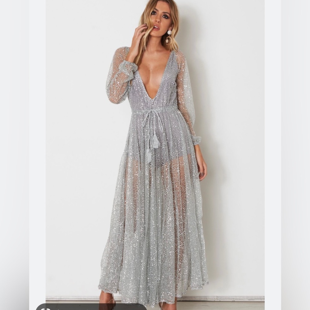 White fox Silver Glitter Gown
